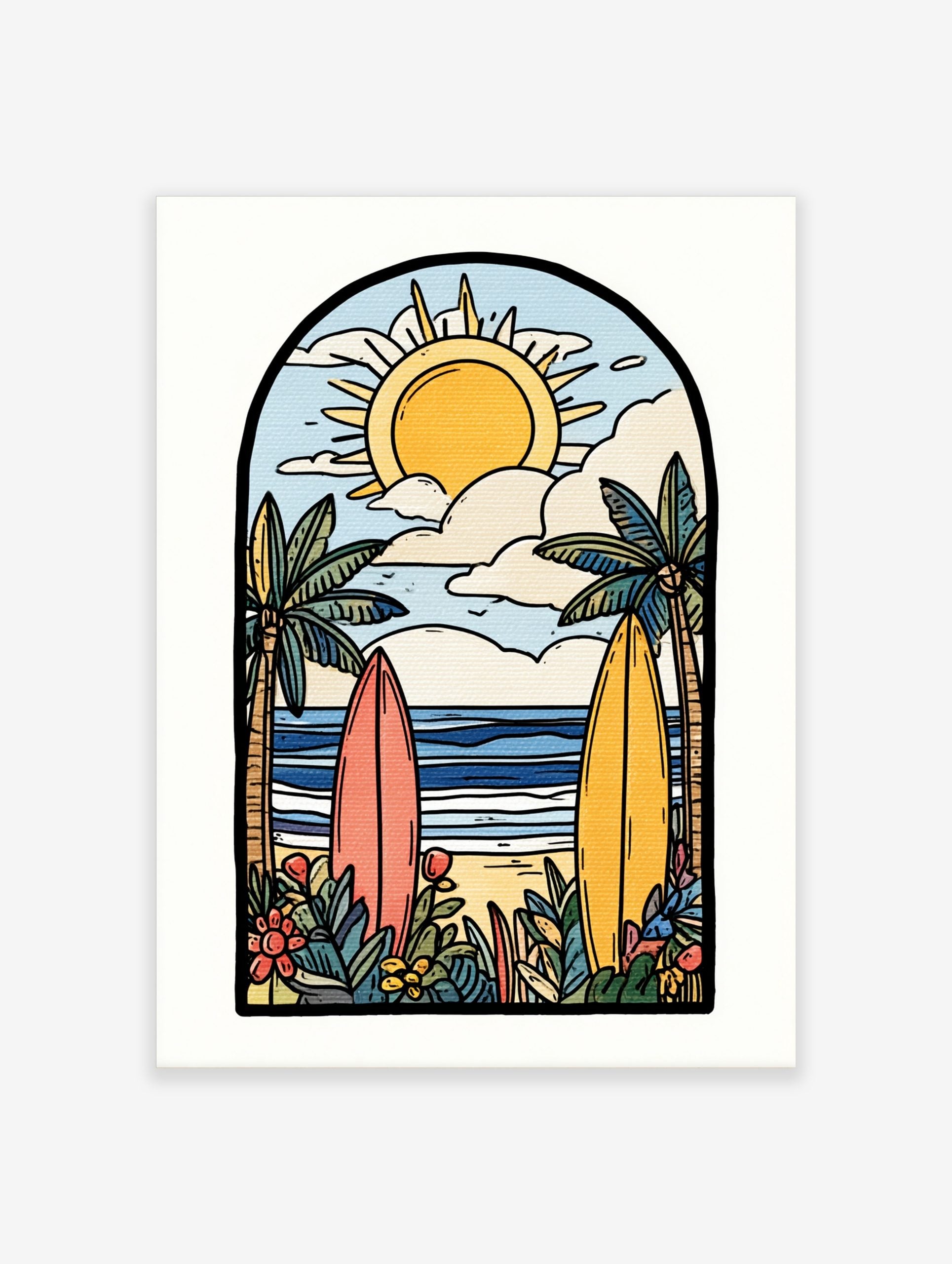 Illustrative beach scene art print with two surfboards, palm trees, ocean, sun, and clouds in an arched frame