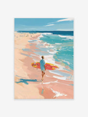 Impressionist painting of a surfer with red and yellow board walking on a peach-toned beach towards the blue ocean