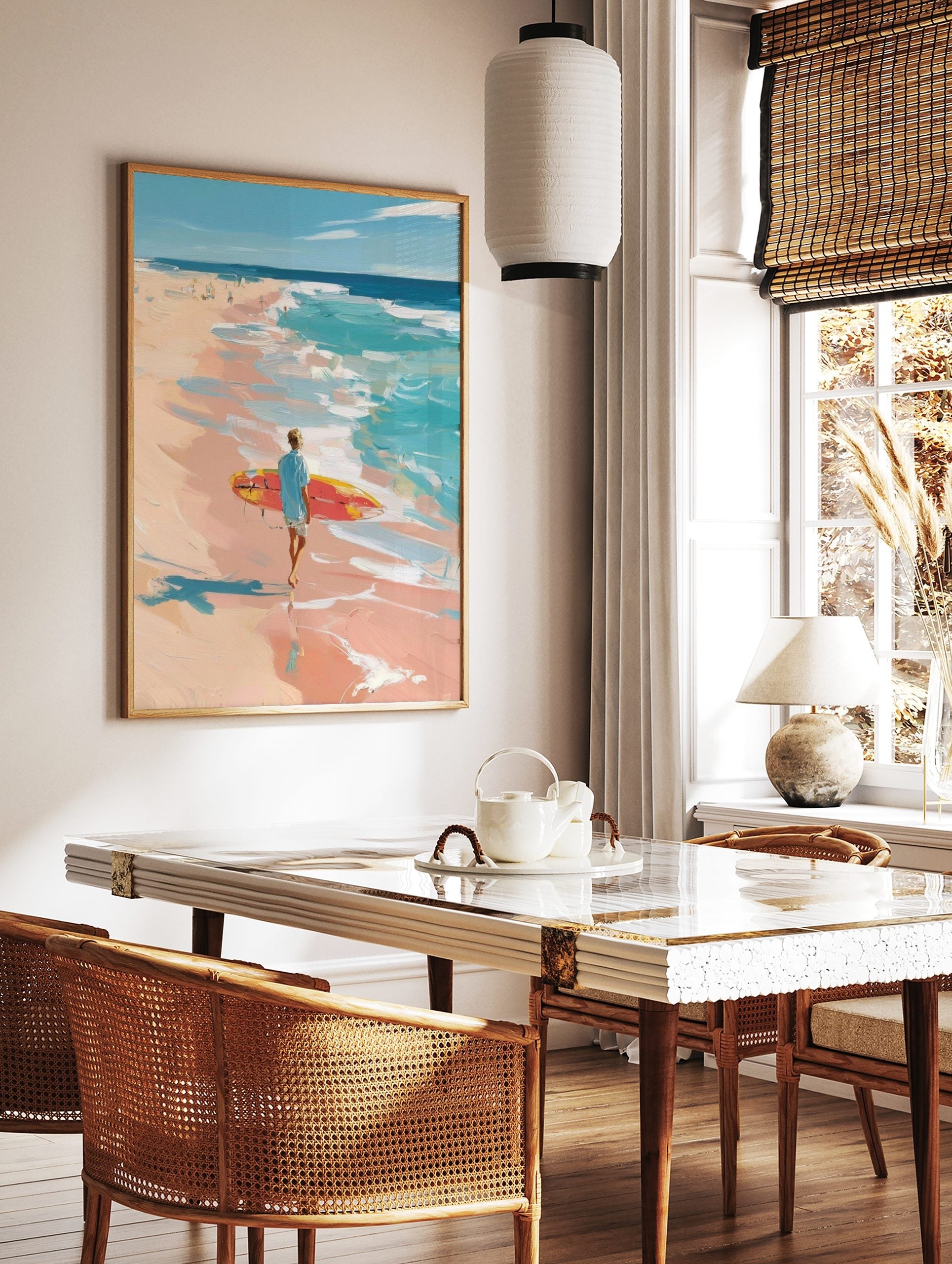 Impressionist painting of a surfer with red and yellow board walking on a peach-toned beach towards, in a styled room mockup