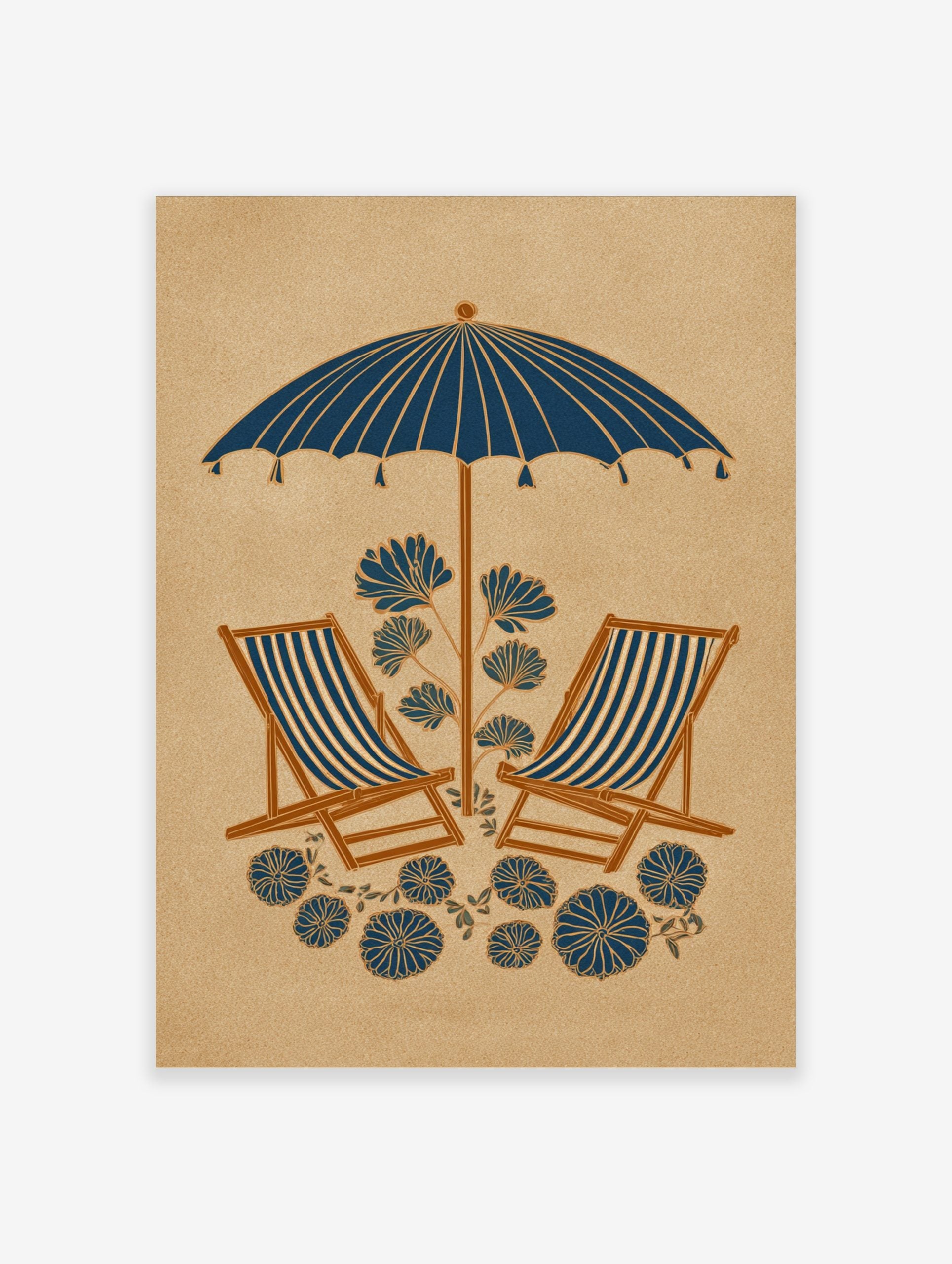 Illustrative beach scene with navy blue umbrella, striped deck chairs, and stylised blue botanical flowers on beige