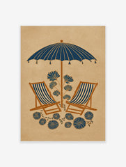 Illustrative beach scene with navy blue umbrella, striped deck chairs, and stylised blue botanical flowers on beige