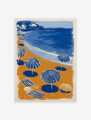Beach Umbrellas Poster illustration with blue and white striped umbrellas on an orange sandy beach by a deep blue ocean.