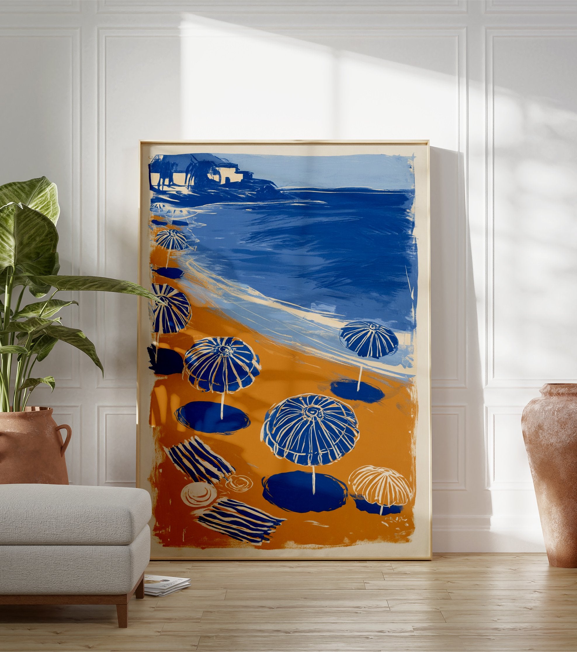 Beach Umbrellas Poster illustration with blue and white striped umbrellas on an orange sandy beach by a deep blue ocean. - Image 3