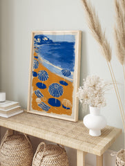 Beach Umbrellas Poster illustration with blue and white striped umbrellas on an orange sandy beach by a deep blue ocean. - Image 4