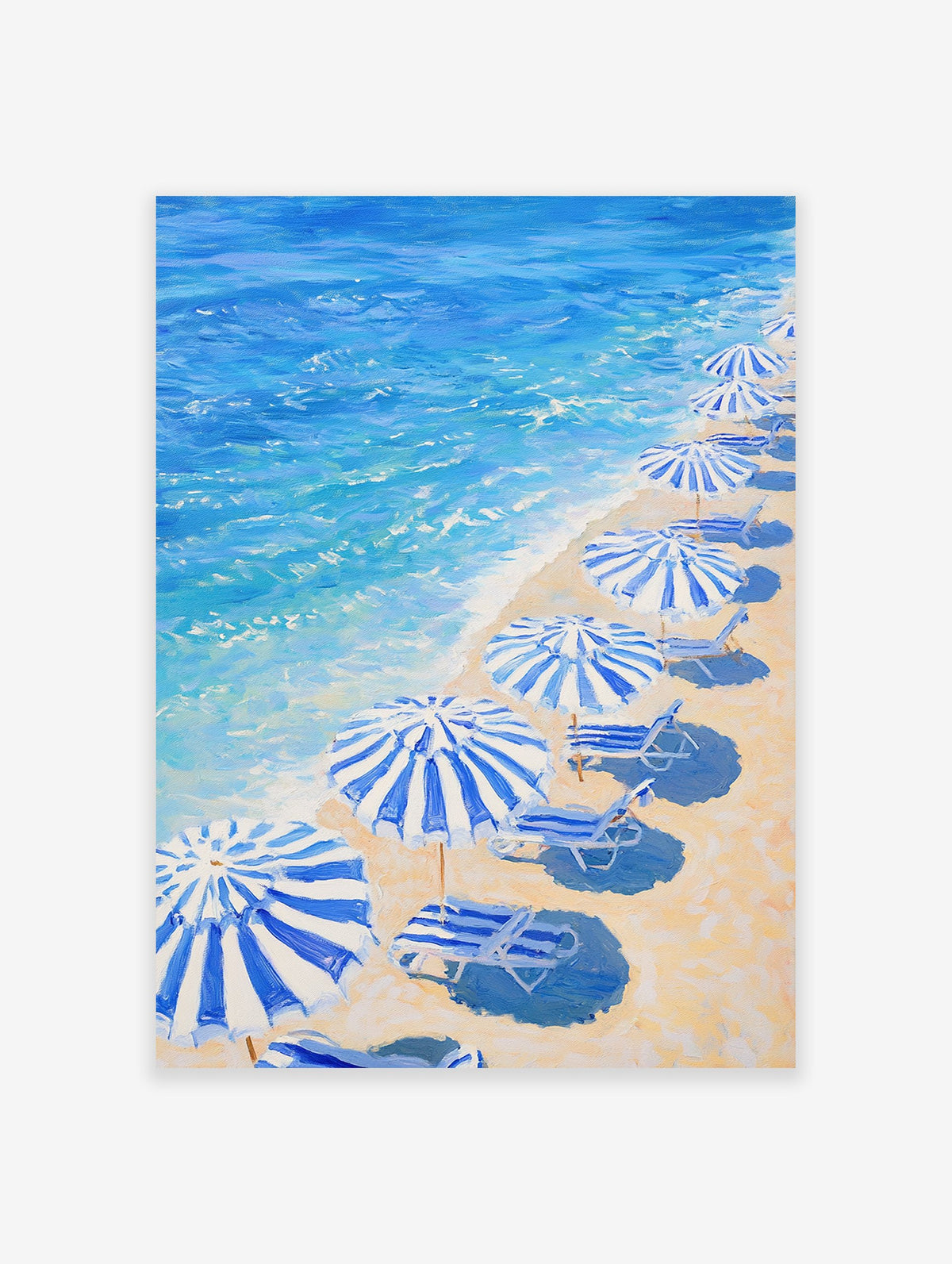 Blue Beach Umbrellas poster showing a painting of a sandy beach with striped umbrellas, lounge chairs, and blue ocean waves.