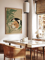 Japanese style art print featuring a tri-color beagle dog resting in lush green foliage on a tan background. - Image 2