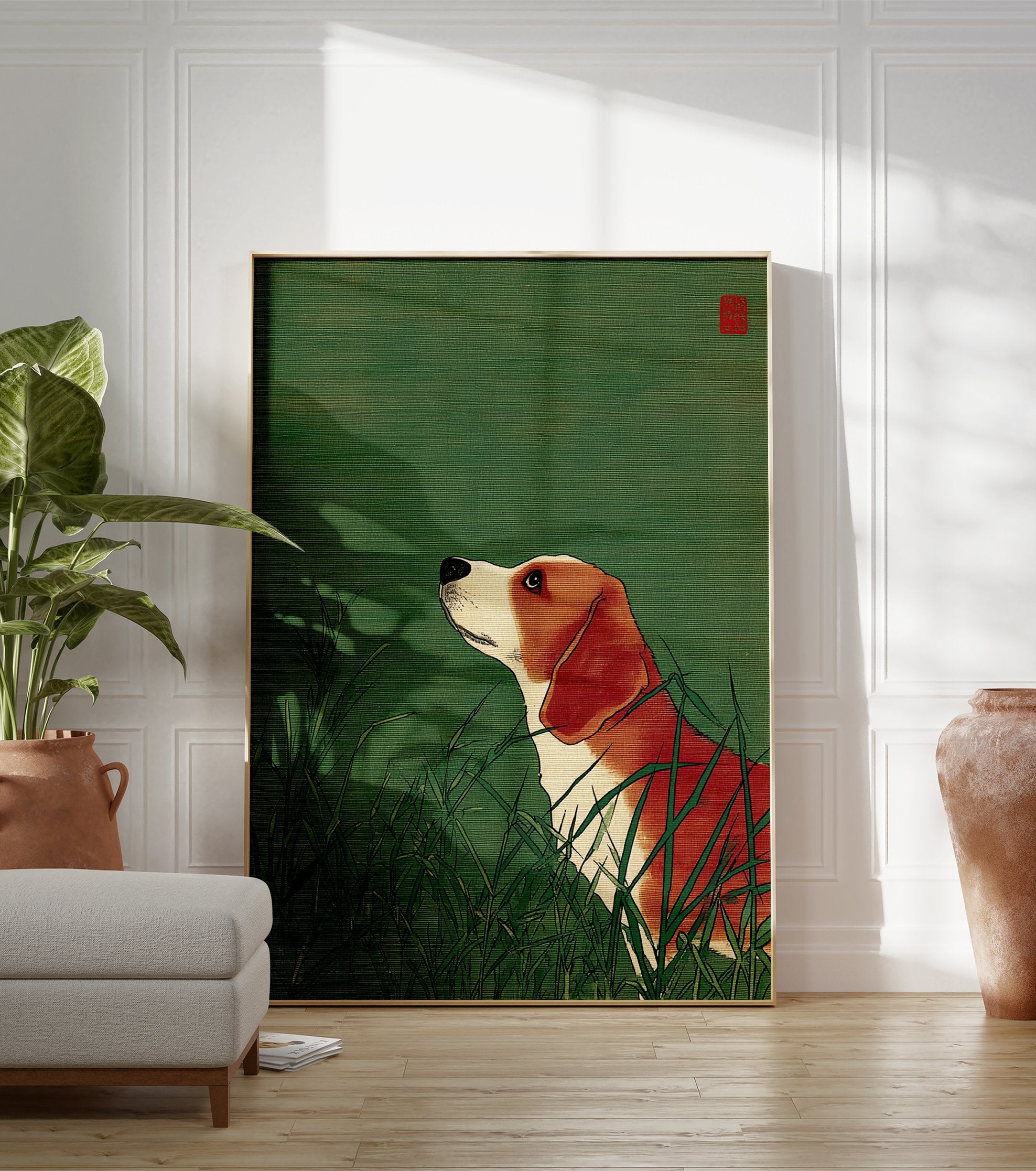 Japanese style illustration of a beagle dog with orange and white fur looking up from green grass. - Image 3