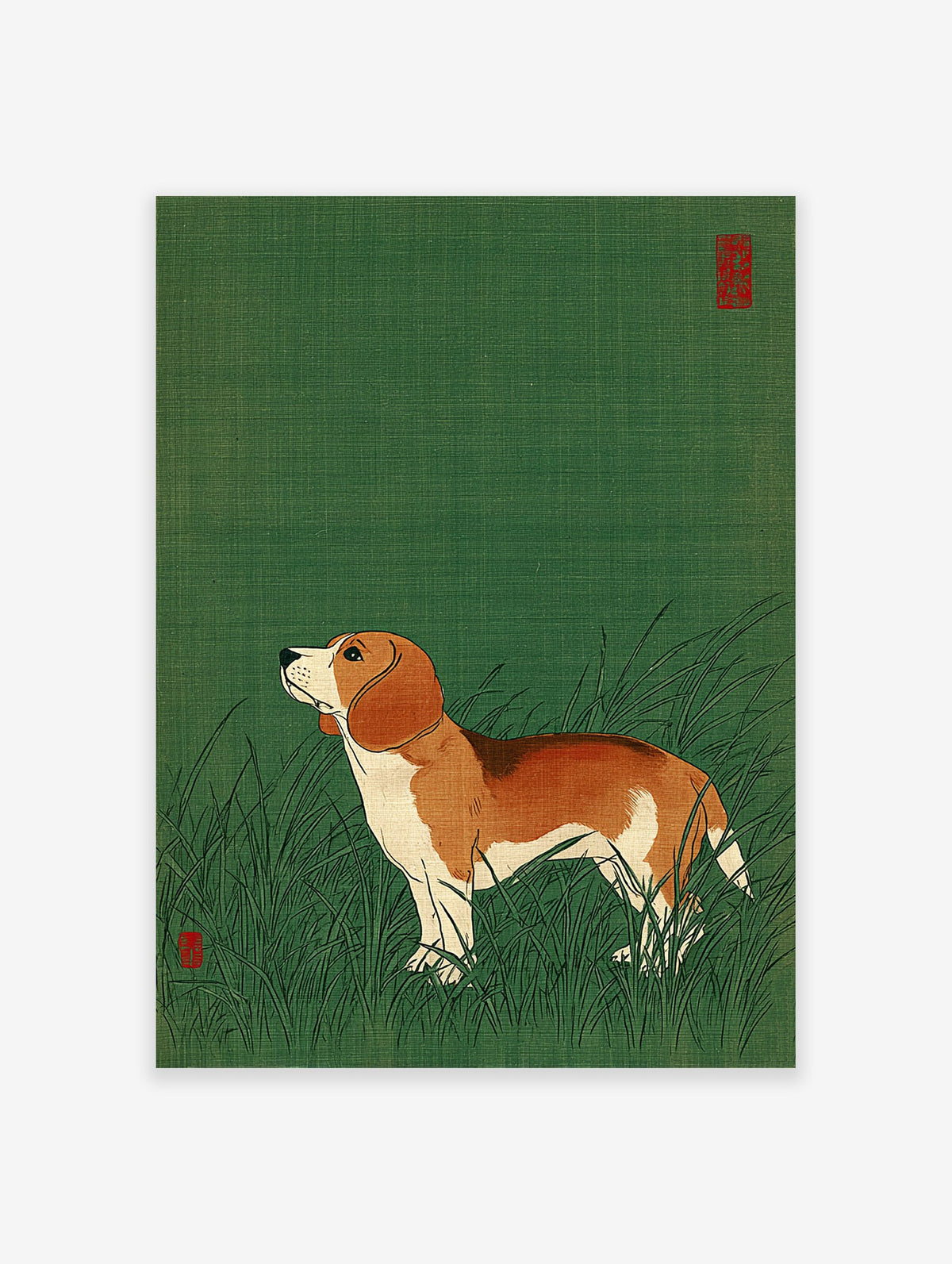Illustrated beagle dog standing in green grass with red seal accents, a charming animal art print for home decor.