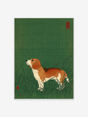 Illustrated beagle dog standing in green grass with red seal accents, a charming animal art print for home decor.