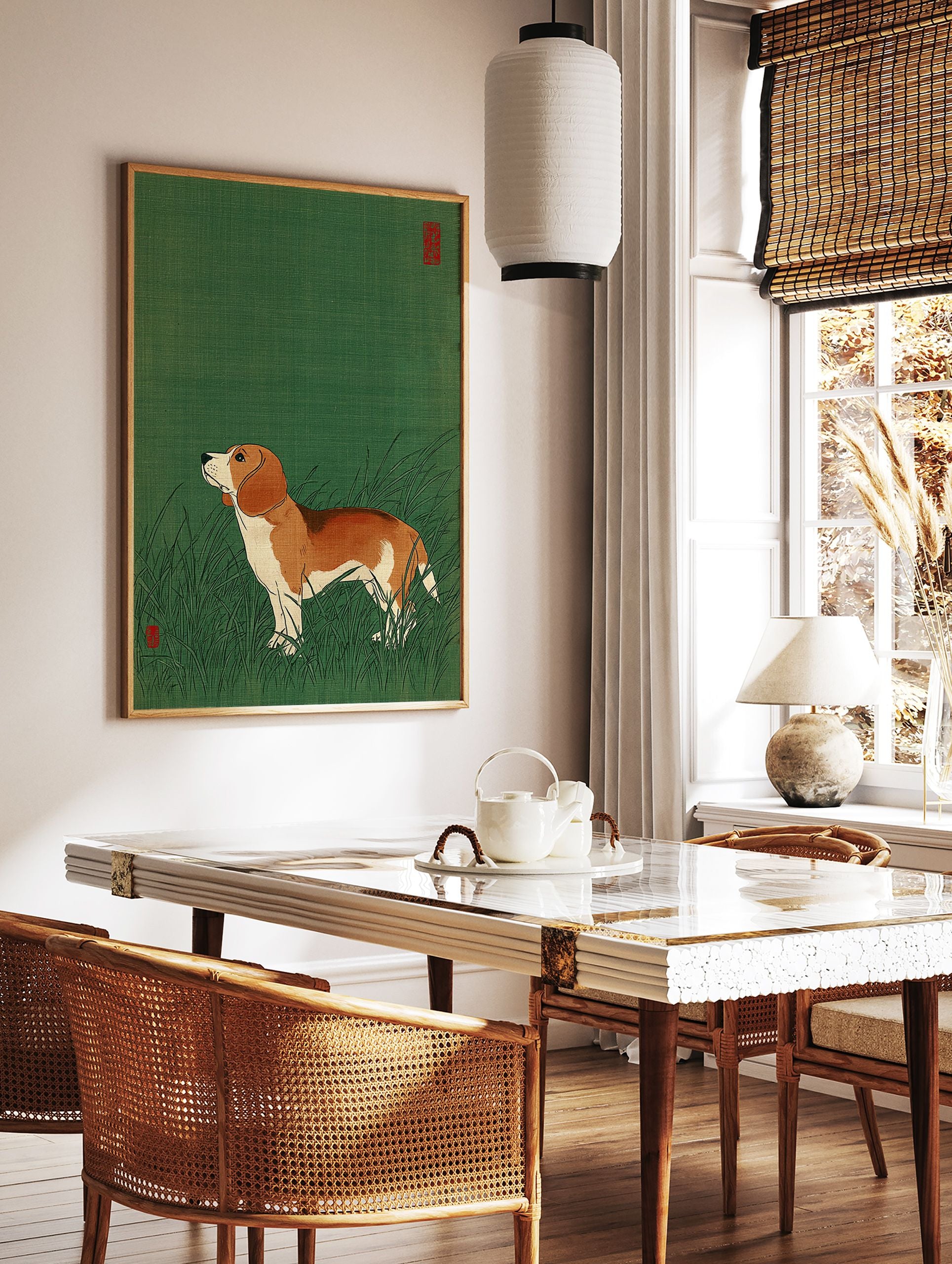 Illustrated beagle dog standing in green grass with red seal accents, a charming animal art print for home decor. - Image 2