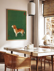 Illustrated beagle dog standing in green grass with red seal accents, a charming animal art print for home decor. - Image 2