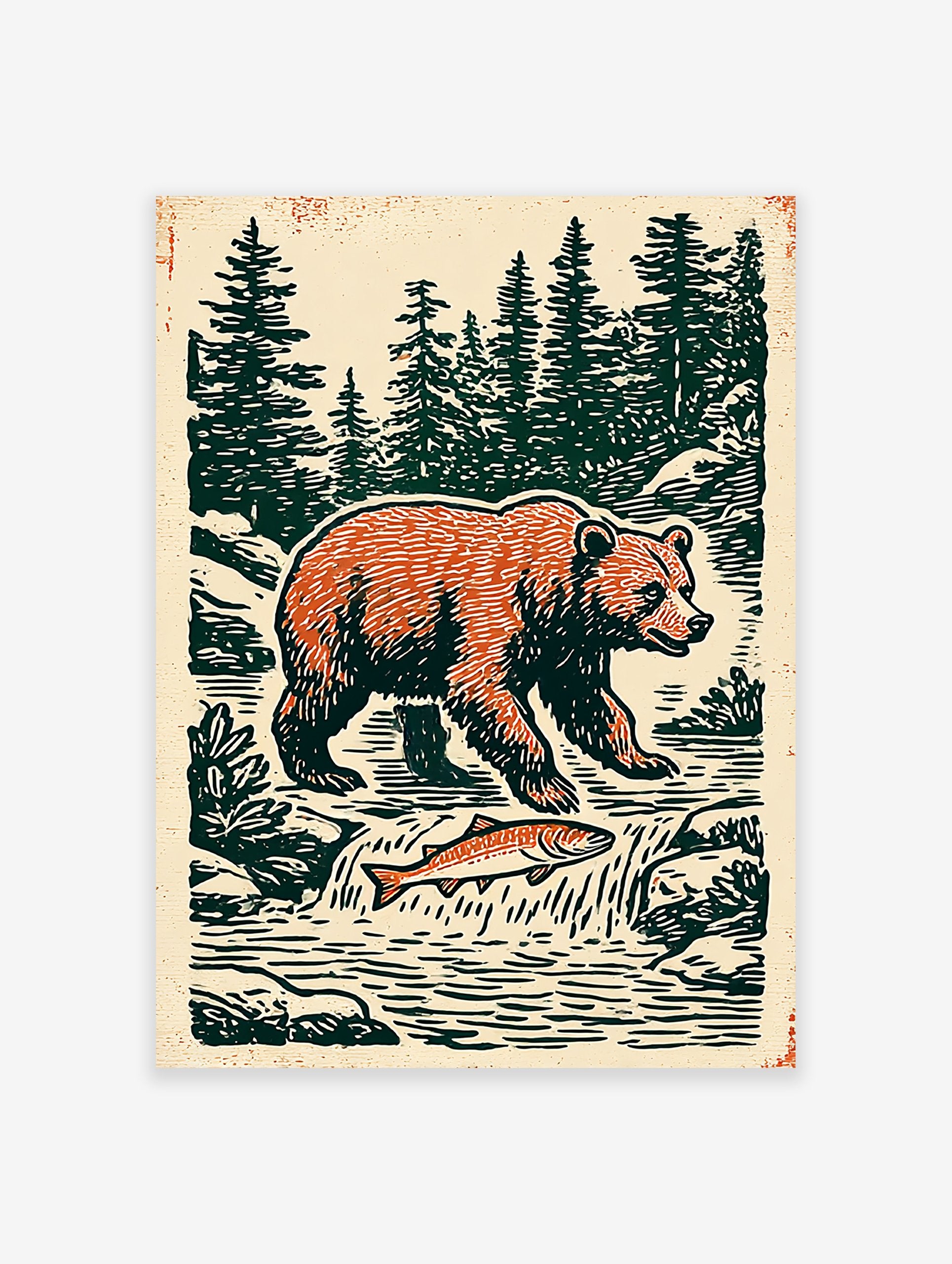 Vintage illustration of a bear and salmon in a forest river, showcasing nature animal art print