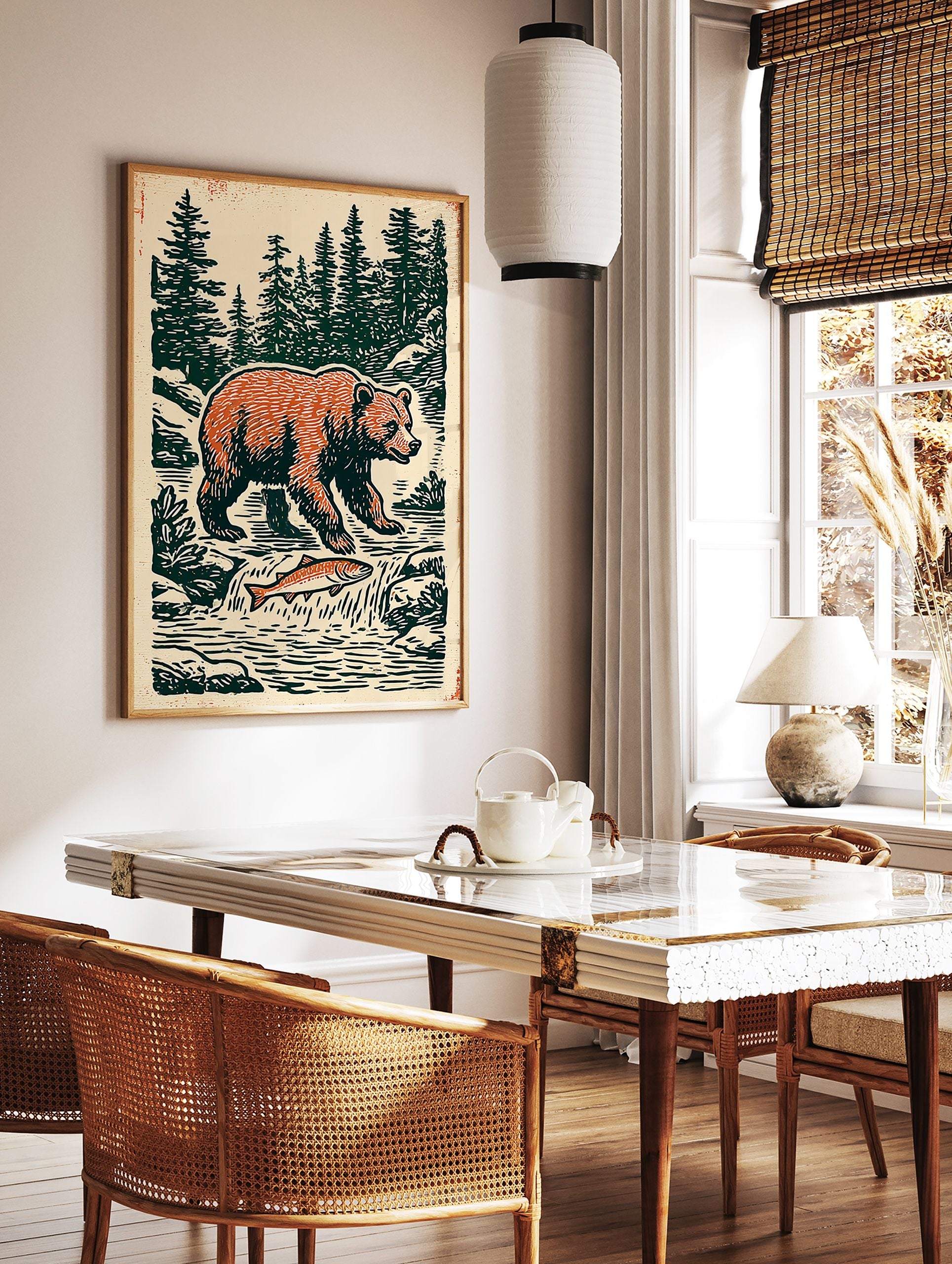 Vintage illustration of a bear and salmon in a forest river, showcasing nature animal art print - Image 2