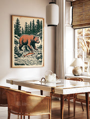Vintage illustration of a bear and salmon in a forest river, showcasing nature animal art print - Image 2