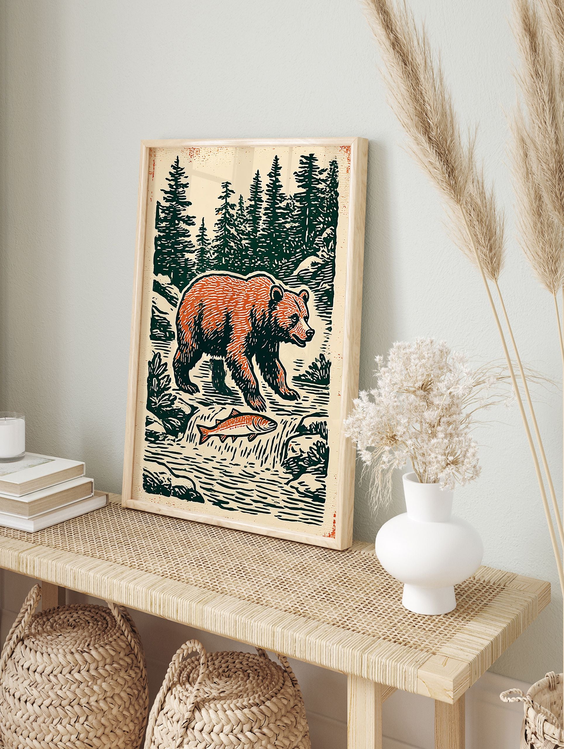 Vintage illustration of a bear and salmon in a forest river, showcasing nature animal art print - Image 3