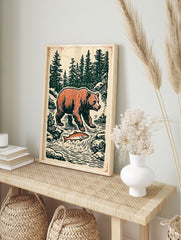 Vintage illustration of a bear and salmon in a forest river, showcasing nature animal art print - Image 3
