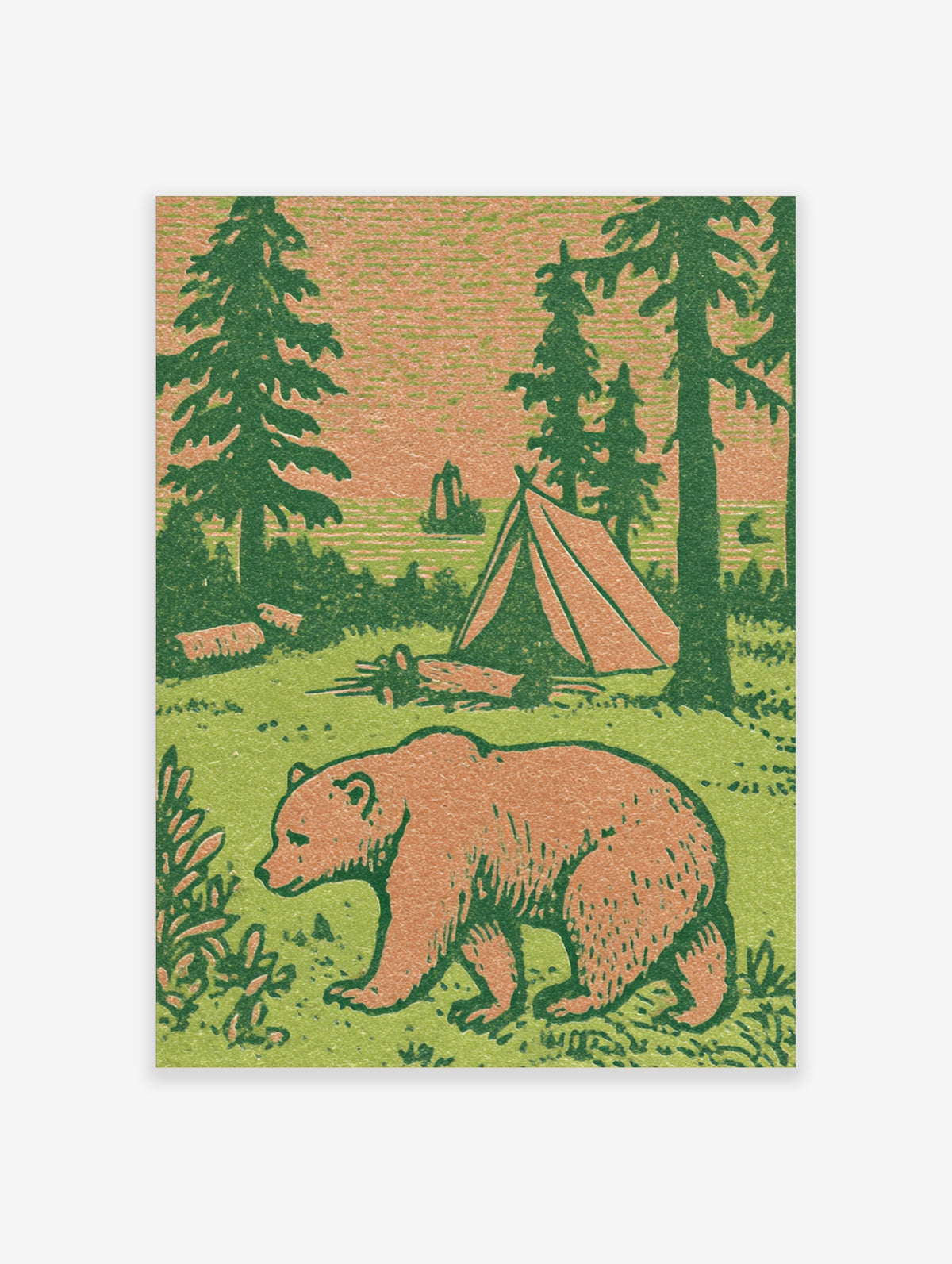 Bear walking past a tent and pine trees in a green and peach woodcut camping poster