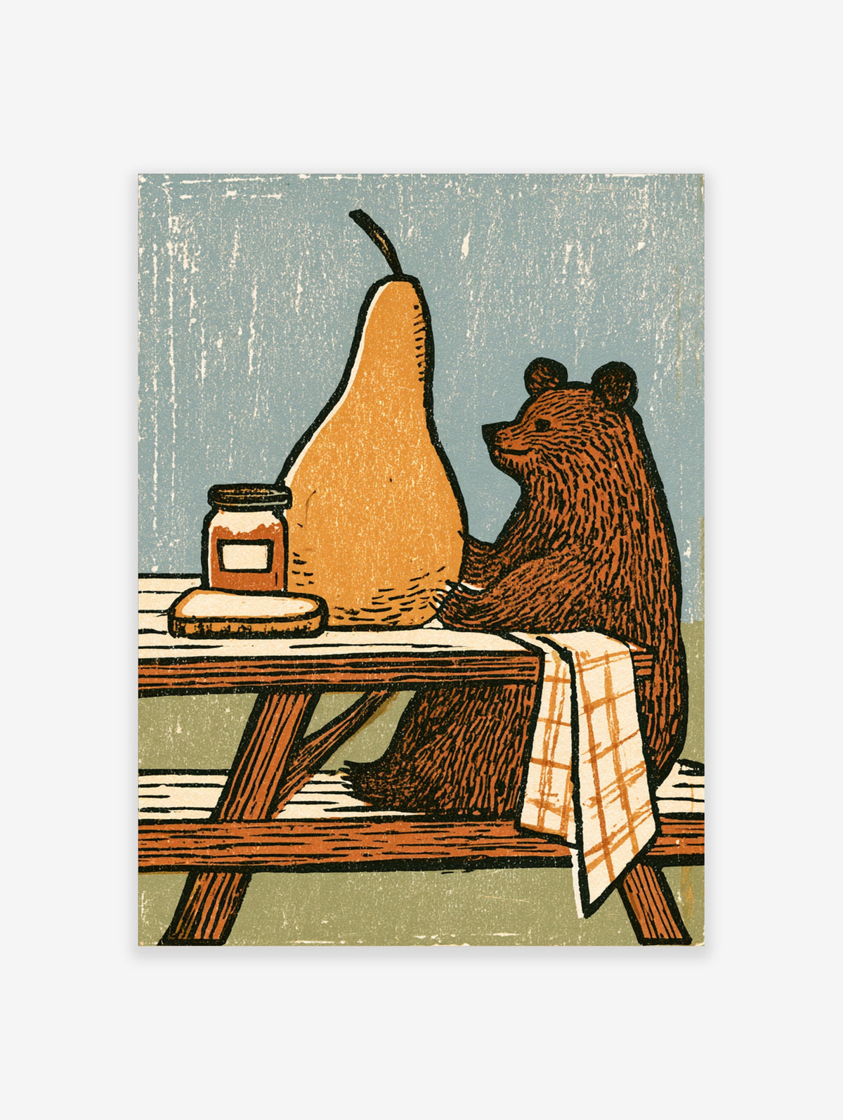 Brown bear sitting at a picnic table with a giant pear, jar of preserve, and bread, in a woodcut style with a blue