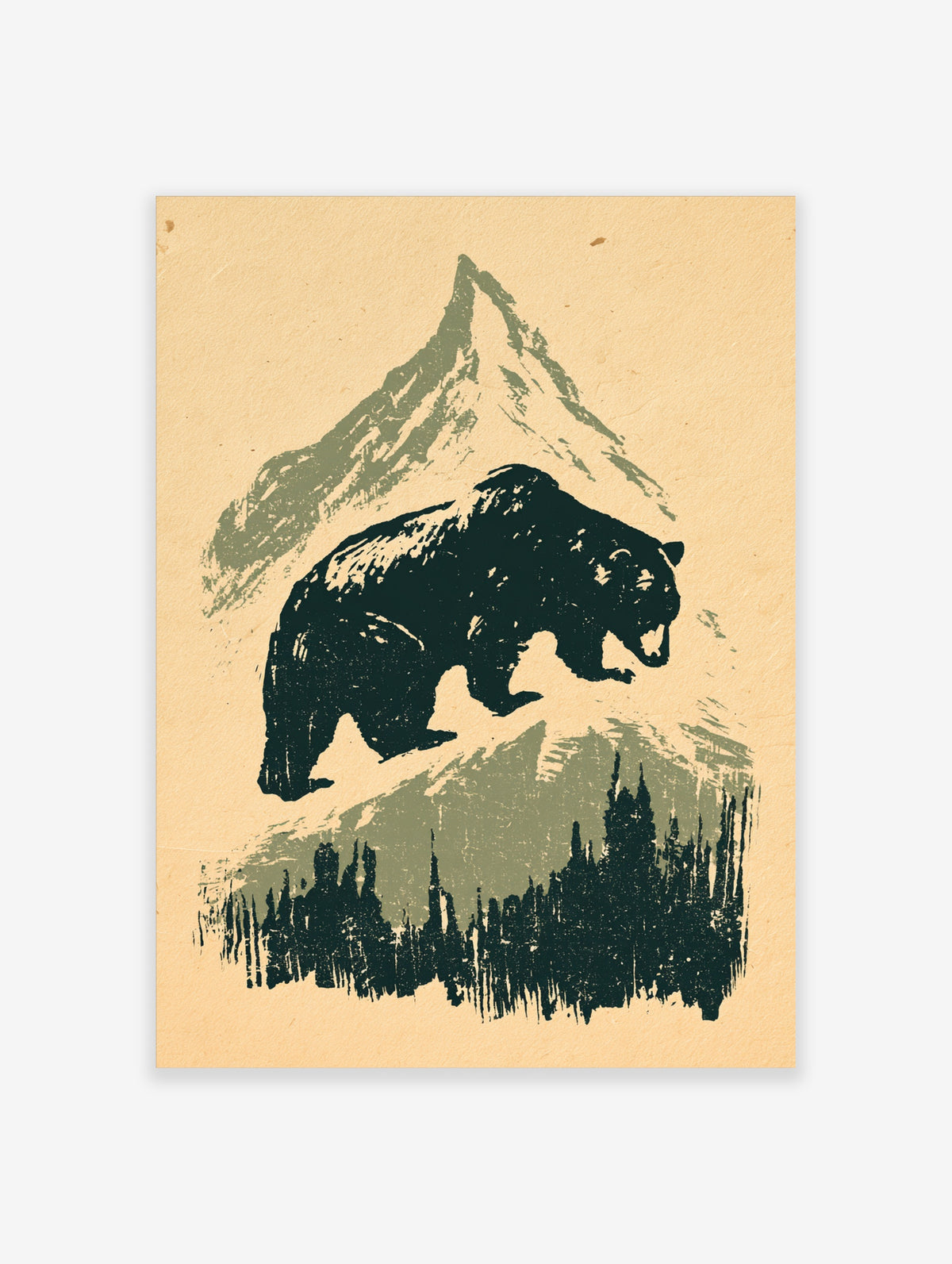 Bear walking in dark green against a mountain and pine forest on a beige background, animal poster