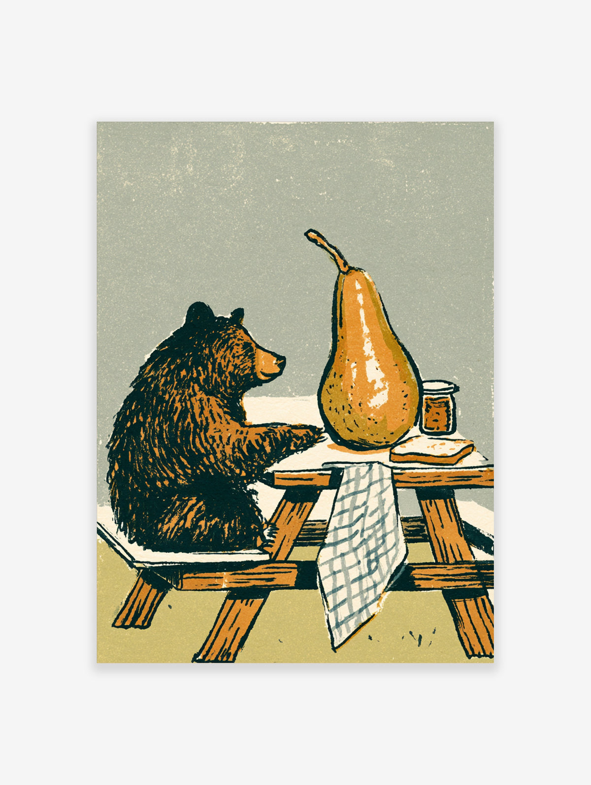 Brown bear at picnic table facing a large pear with jar and bread, grey-green background