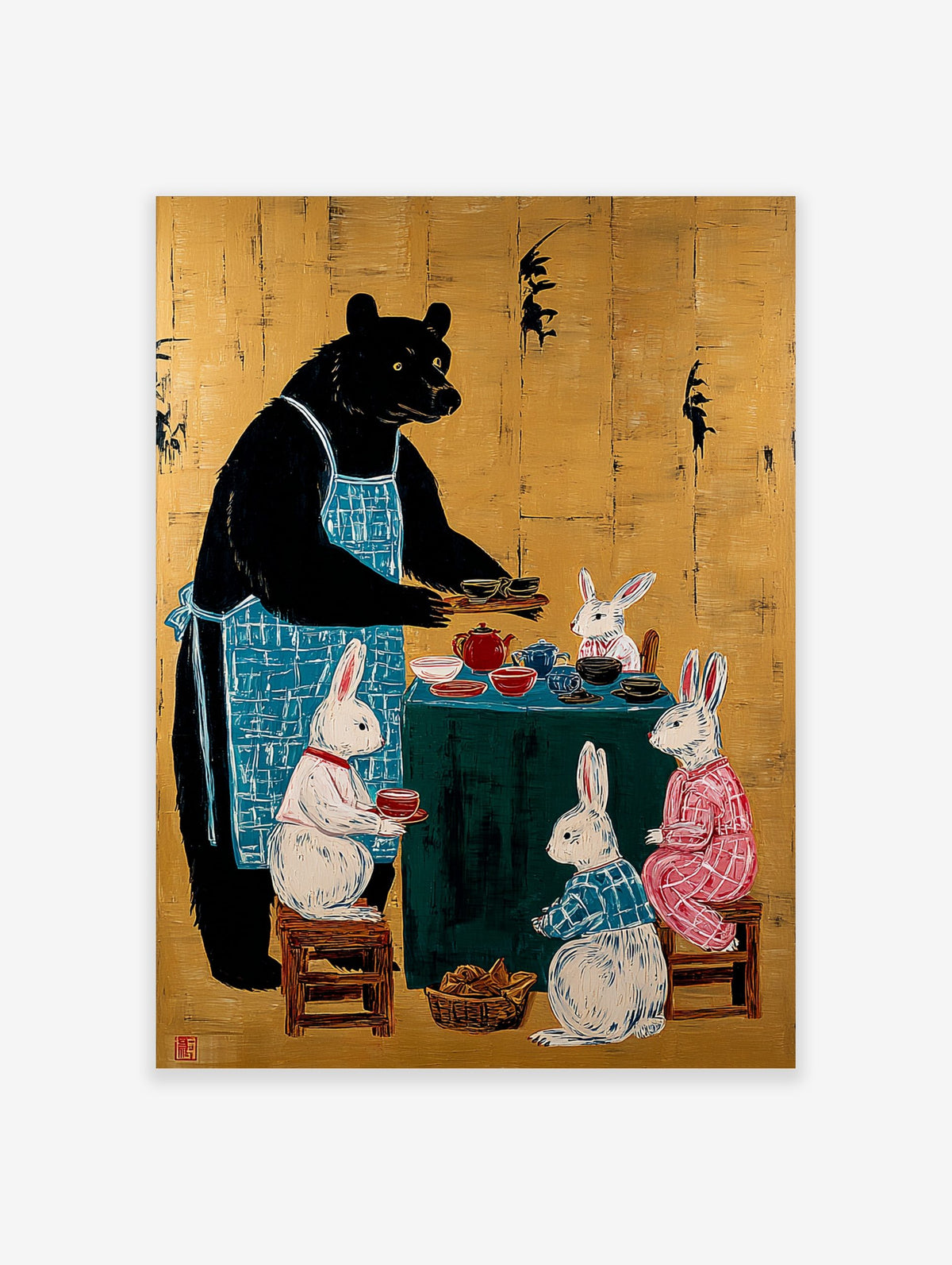 Black bear in blue apron serving tea to four white rabbits around a green table on a gold background