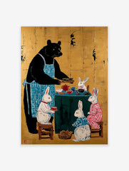 Black bear in blue apron serving tea to four white rabbits around a green table on a gold background