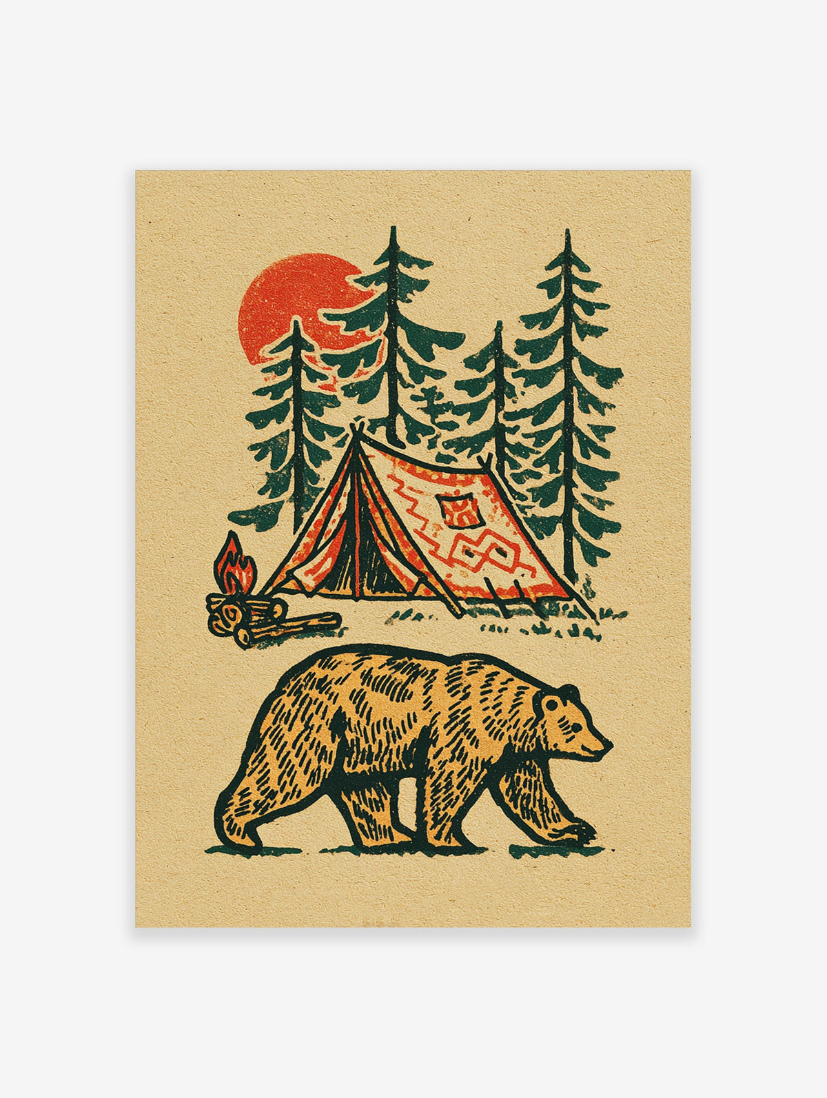 Retro camping poster with walking bear, orange tent, campfire, pine trees and red sun on beige paper