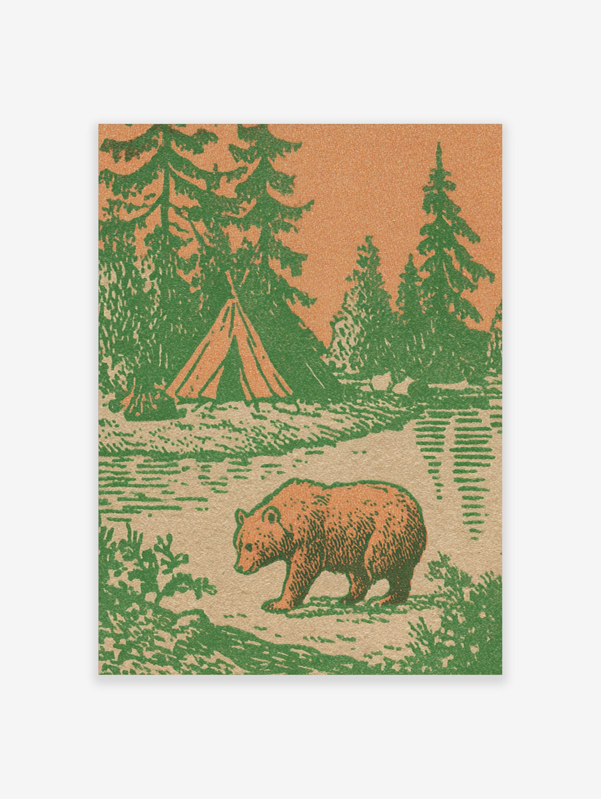Brown bear walking by a canvas tent and pine trees in a green and orange woodland art print