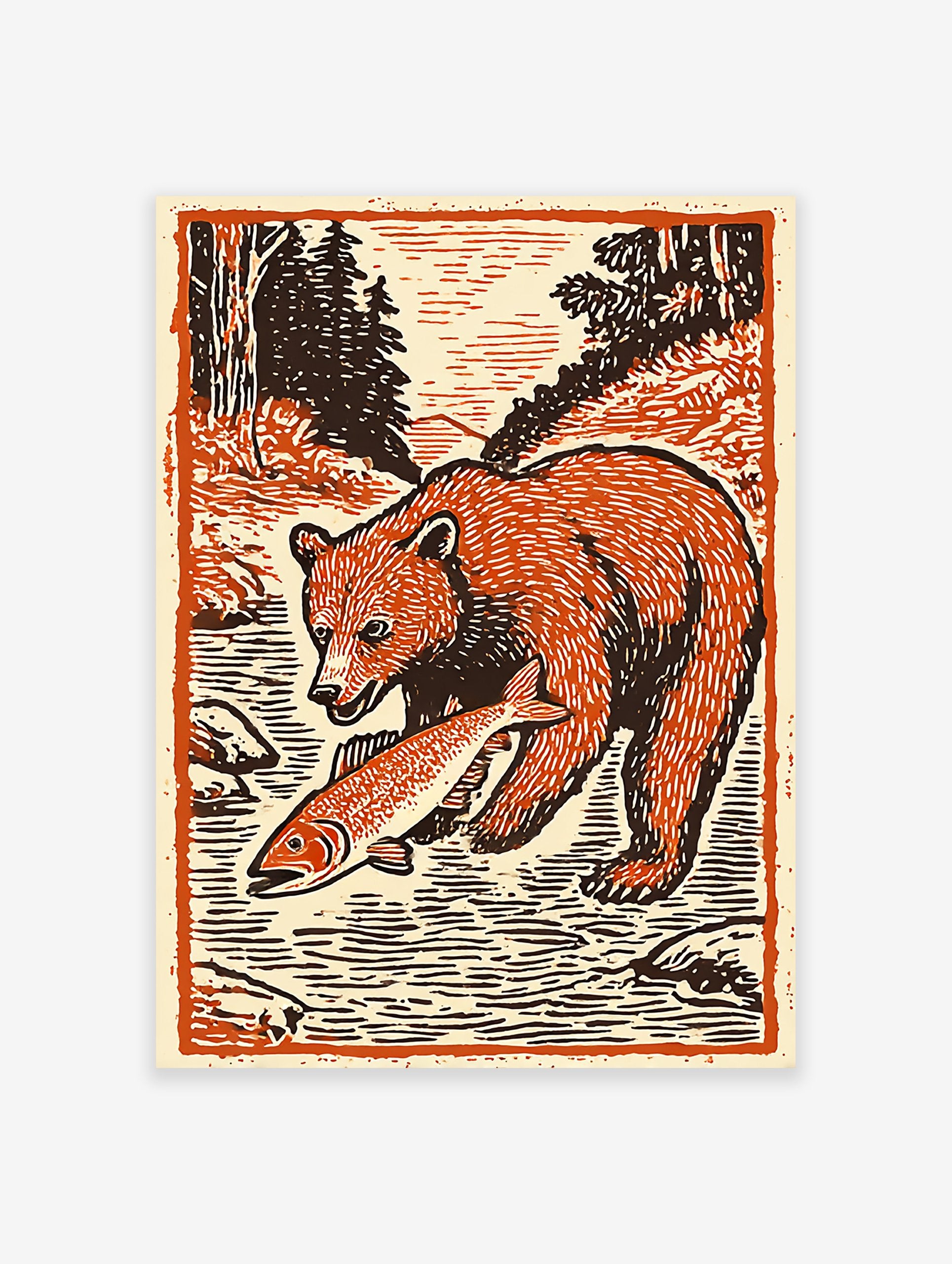 Woodcut style bear art print of a brown bear standing in a river holding an orange fish, surrounded by trees.