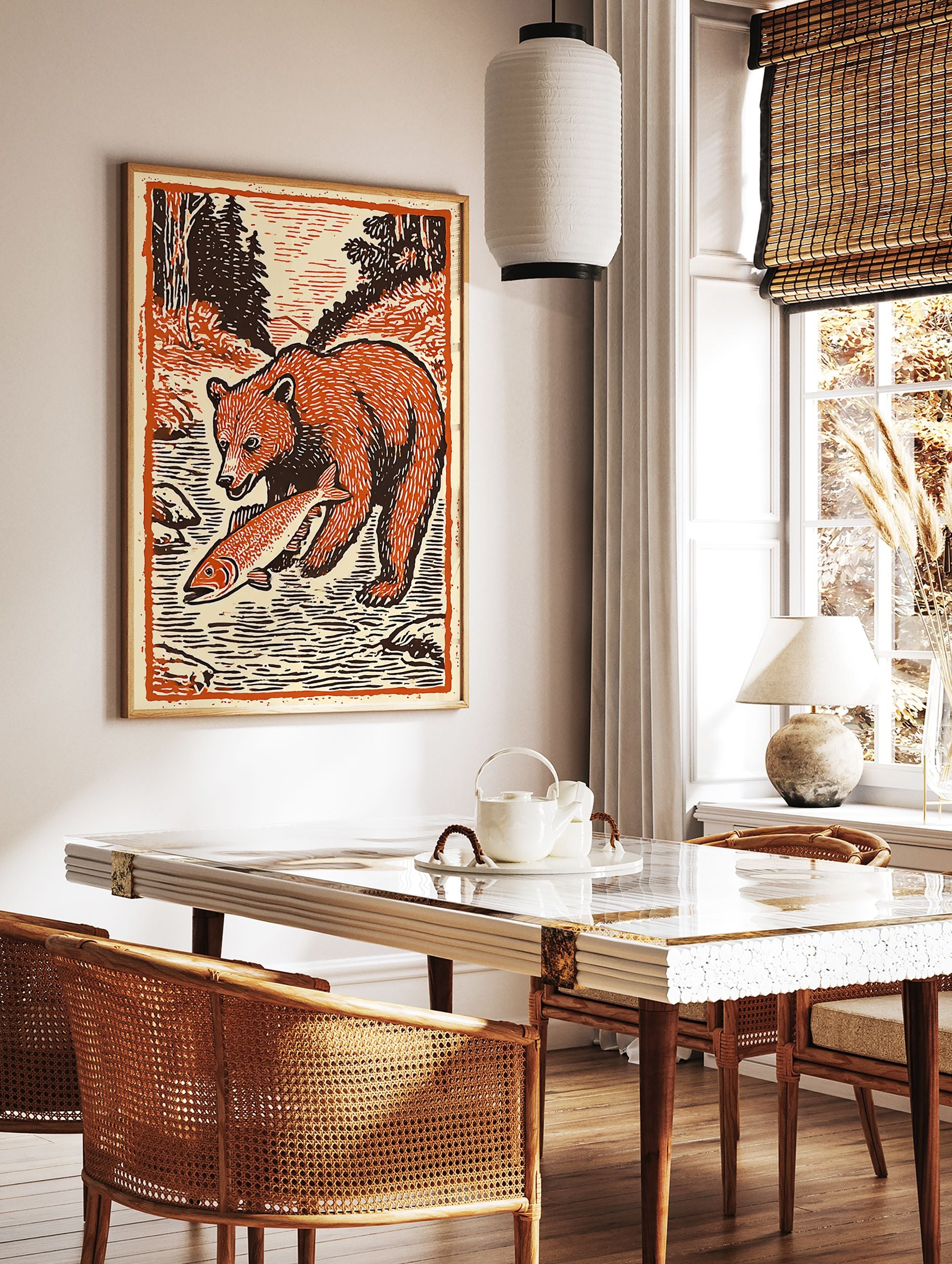 Woodcut style bear art print of a brown bear standing in a river holding an orange fish, surrounded by trees. - Image 2