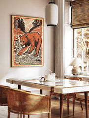 Woodcut style bear art print of a brown bear standing in a river holding an orange fish, surrounded by trees. - Image 2