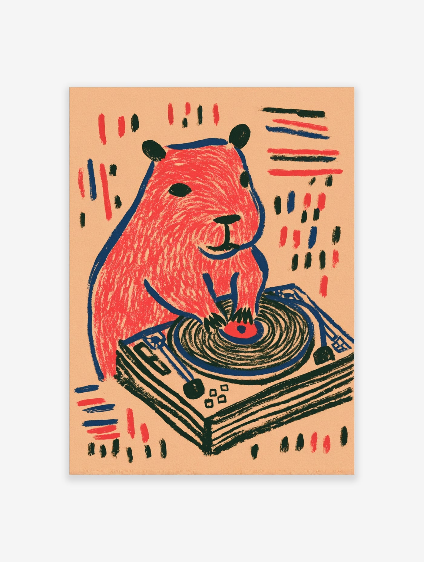 Red bear DJ with turntable and vinyl record, blue outlines, beige background, playful illustration art print