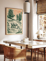 Illustrative art print of a bear catching a fish in a river, surrounded by green pine trees under an orange sky. - Image 3