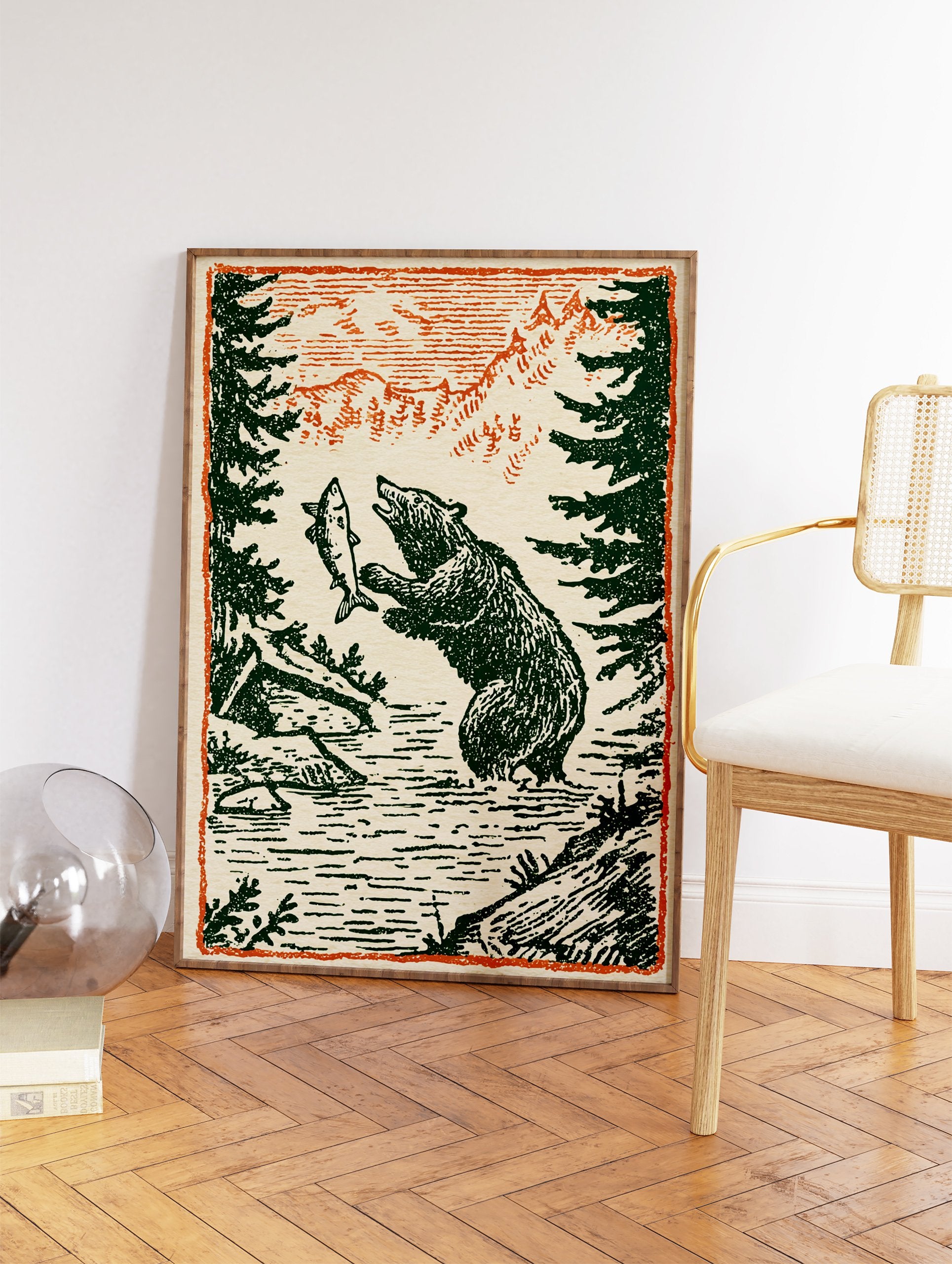 Vintage illustration of a bear catching a fish in a river with pine trees and mountains. Bear fishing art print. - Image 2