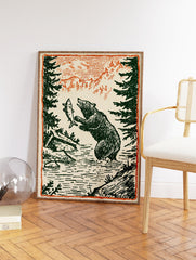 Vintage illustration of a bear catching a fish in a river with pine trees and mountains. Bear fishing art print. - Image 2