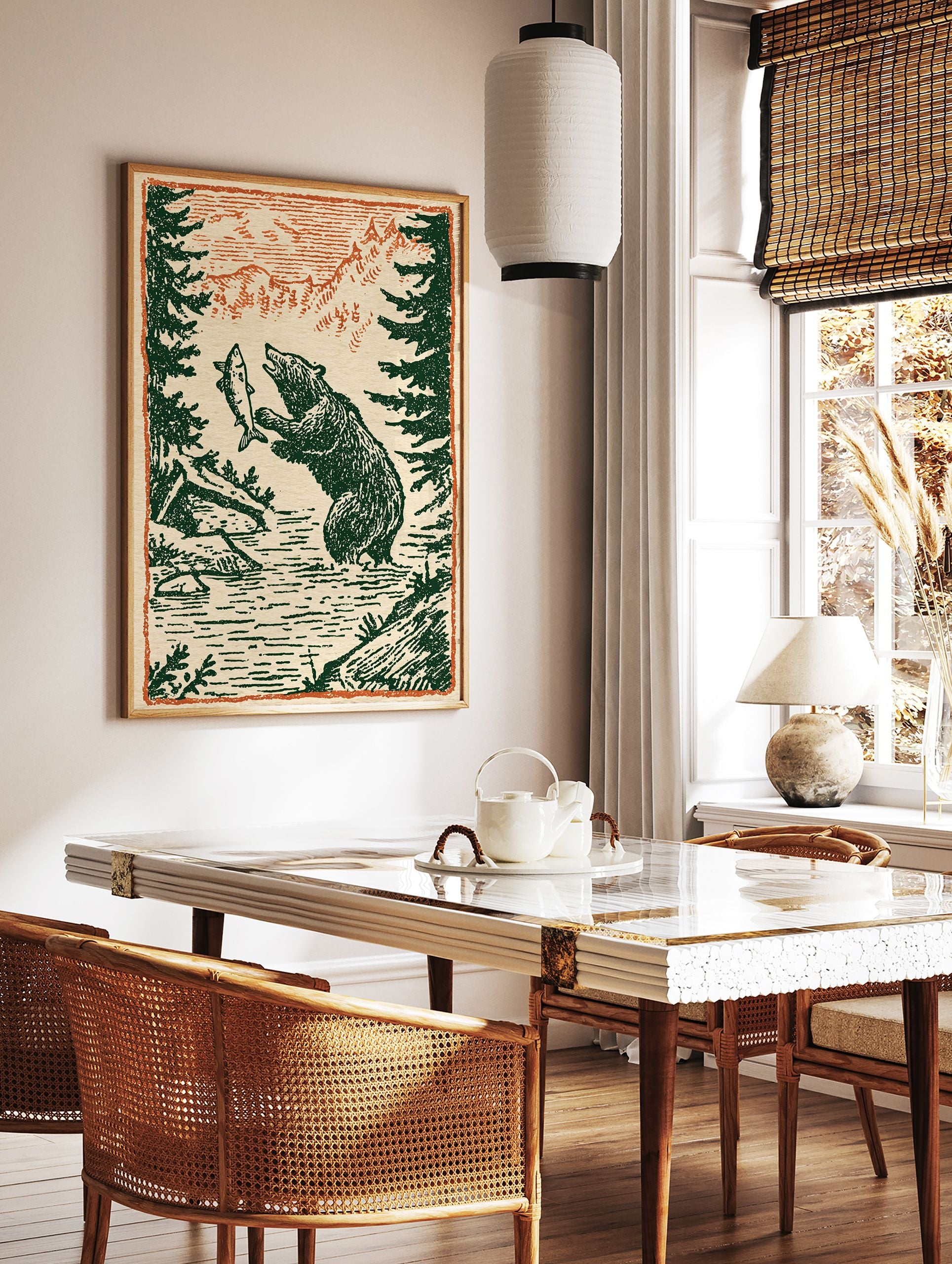 Vintage illustration of a bear catching a fish in a river with pine trees and mountains. Bear fishing art print. - Image 3