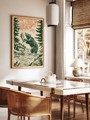 Vintage illustration of a bear catching a fish in a river with pine trees and mountains. Bear fishing art print. - Image 3