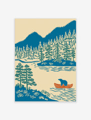 Illustrative print of a blue bear in an orange canoe on a lake with pine trees and blue mountains