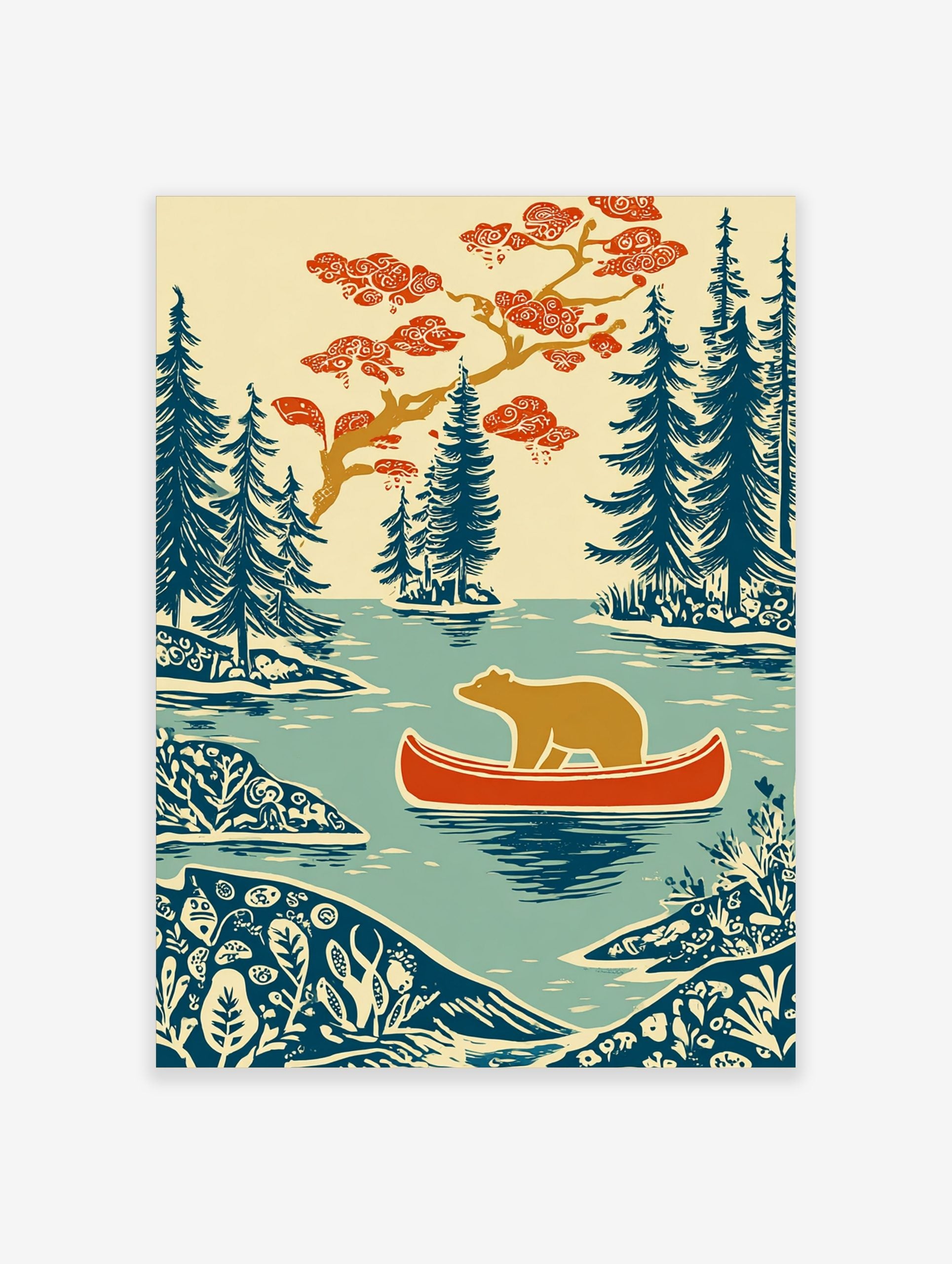 Woodcut style print of a brown bear in a red canoe on a lake, surrounded by blue evergreen trees and orange foliage