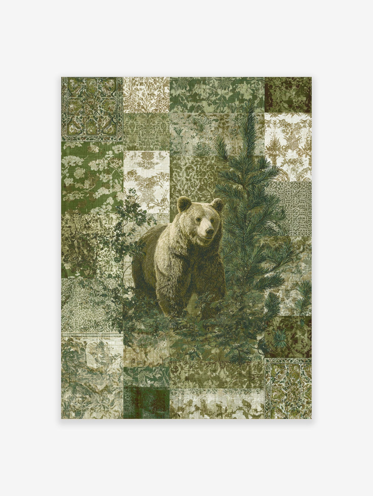 Brown bear standing in a patchwork forest with a pine tree, green and beige patterns