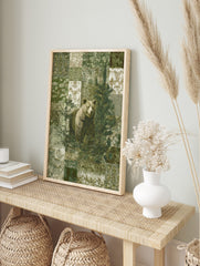 Brown bear standing in a patchwork forest with a pine tree, green and beige patterns, in an alternate framed mockup