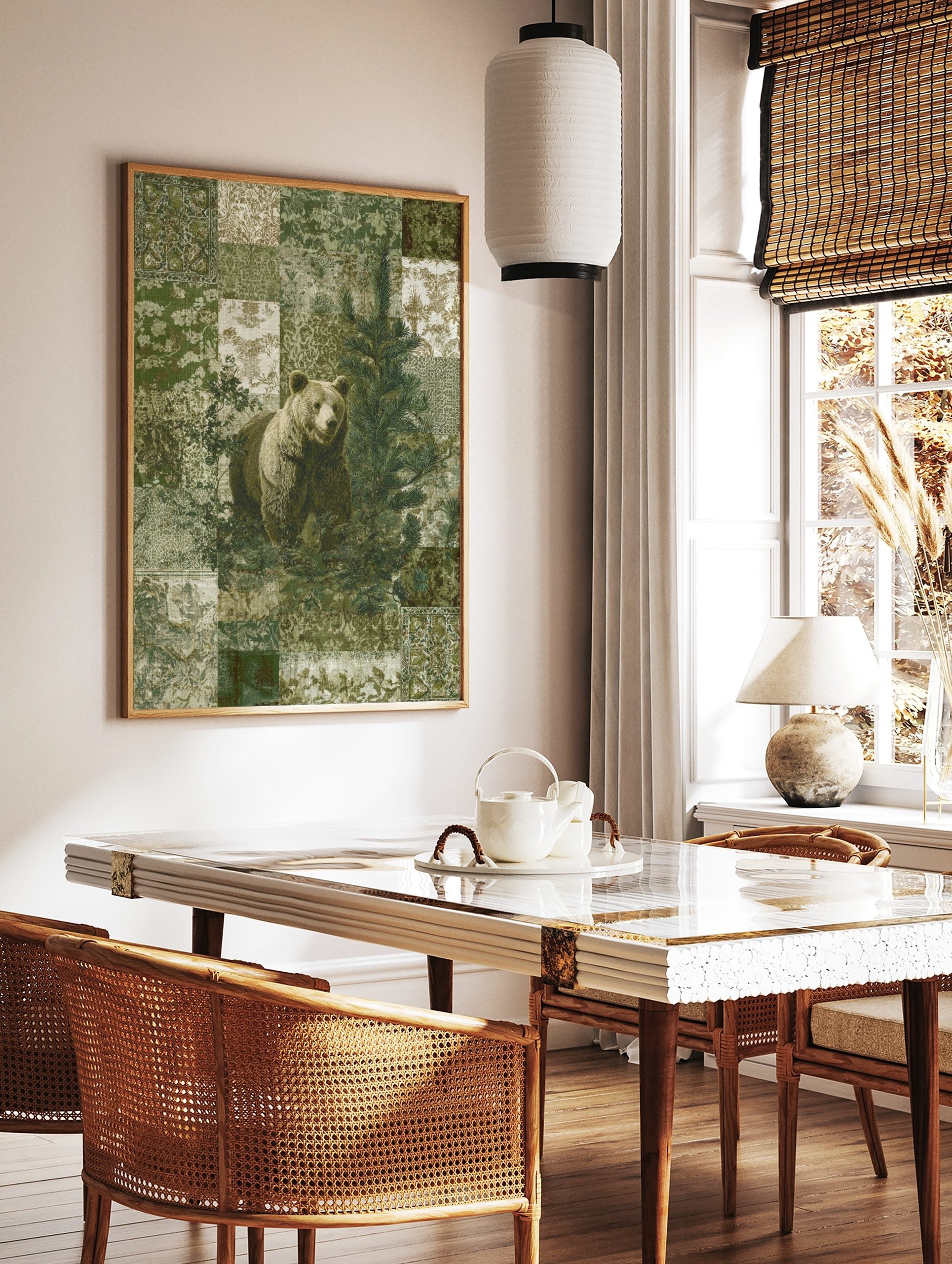 Brown bear standing in a patchwork forest with a pine tree, green and beige patterns, in a styled room mockup