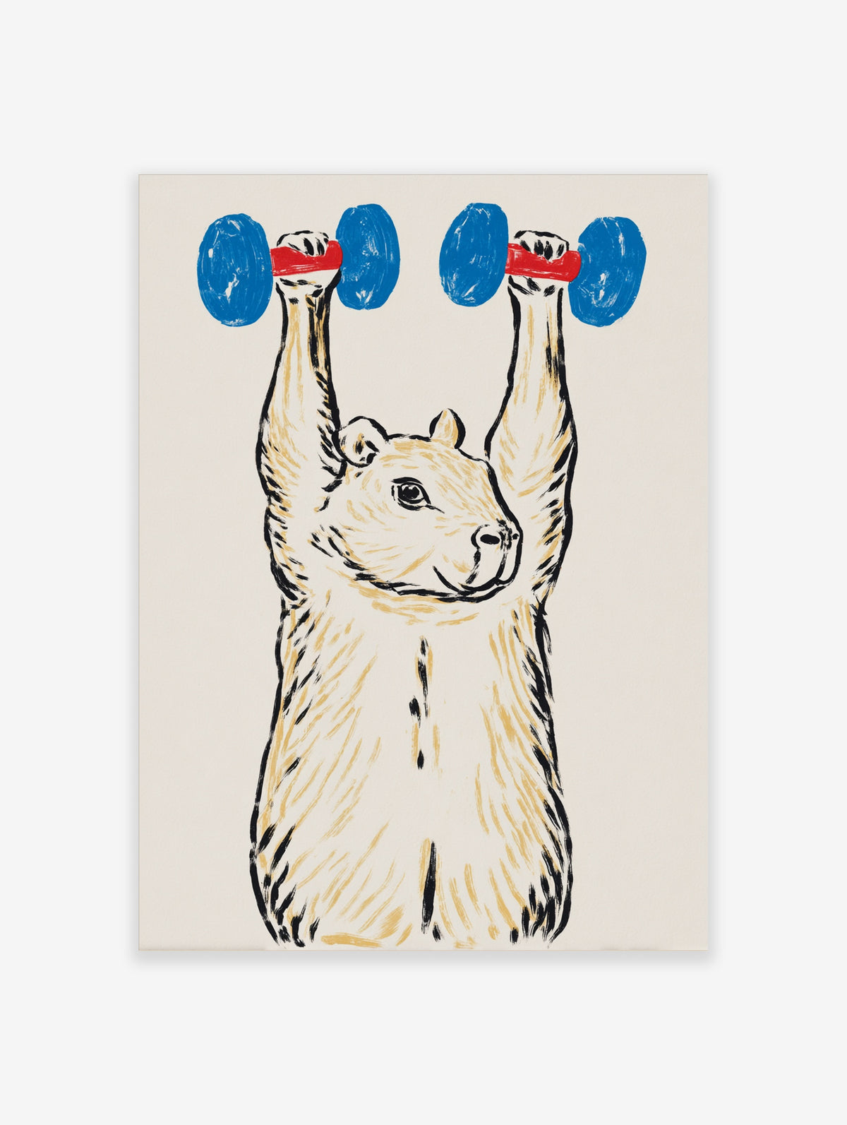 Bear lifting blue dumbbells illustration art print on cream background
