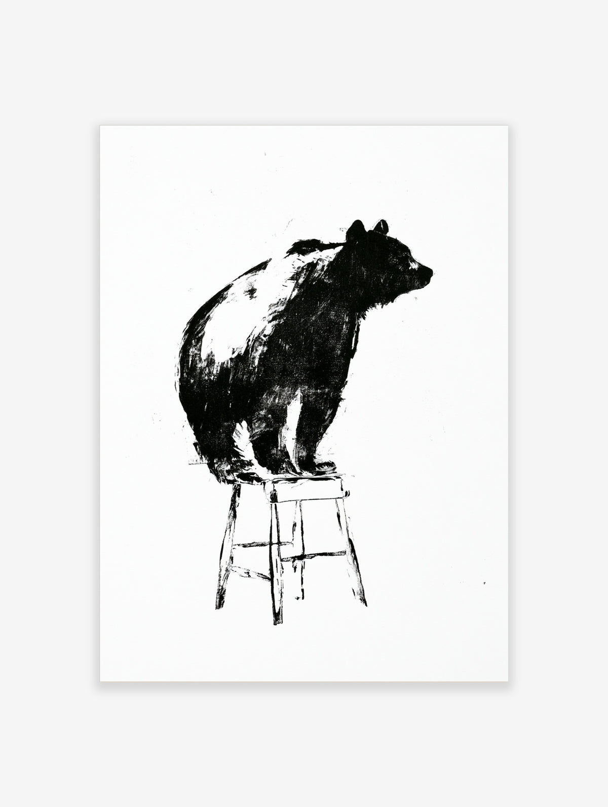 Monochrome illustrative art print of a bear sitting on a wooden stool against a plain white background
