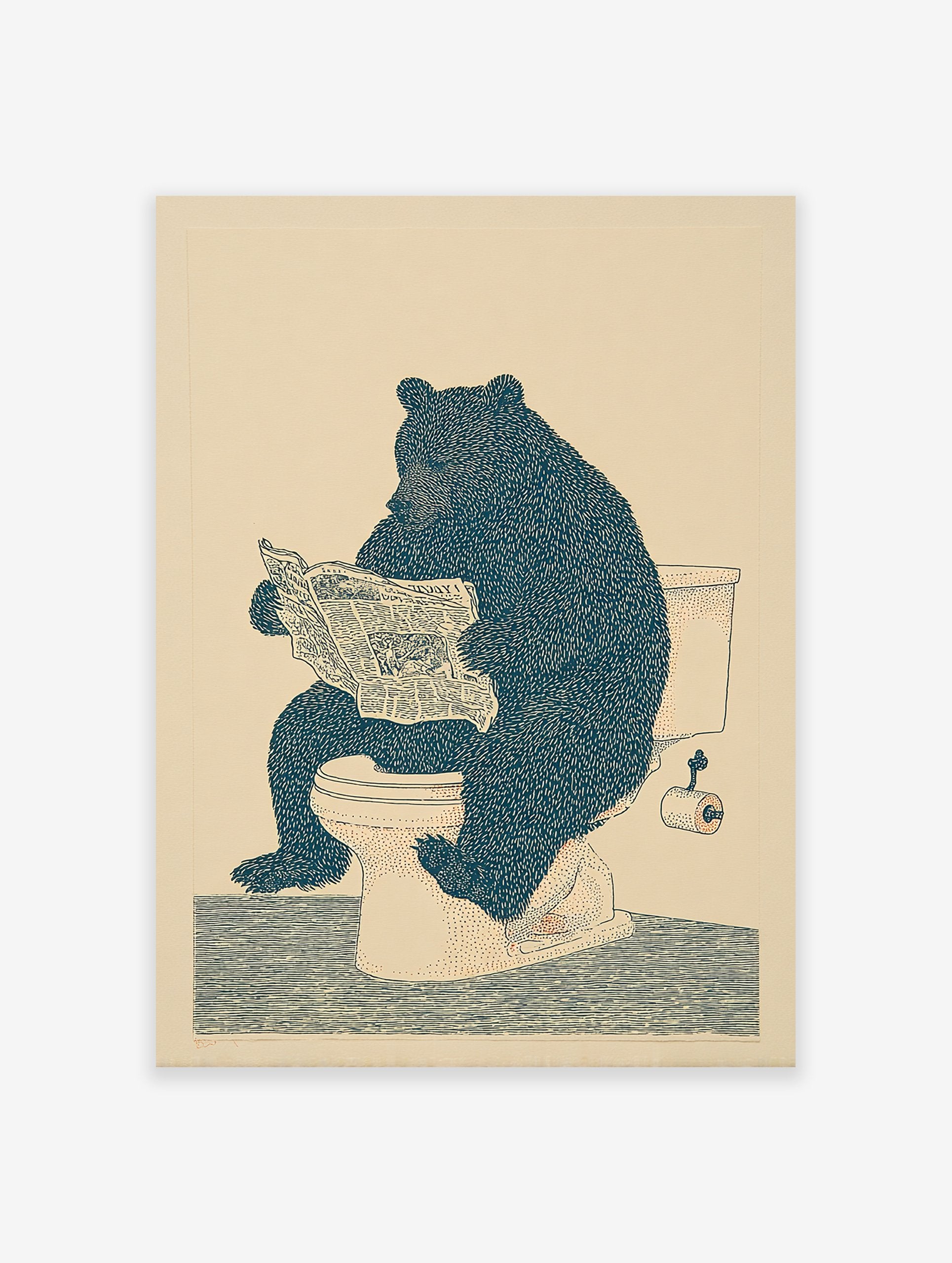 Humorous illustration of a large, dark blue bear sitting on a white toilet, reading a newspaper, on a light beige background.