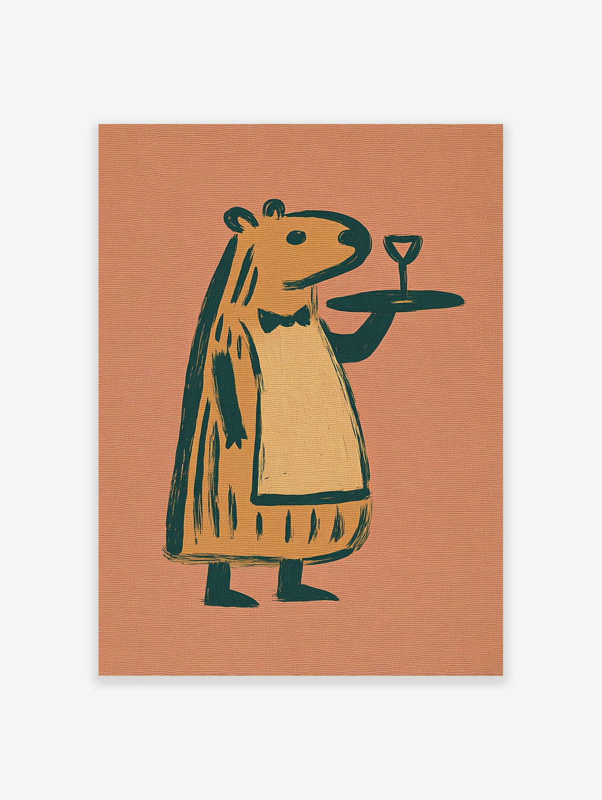 Bear waiter illustration holding tray with goblet, wearing bow tie and apron, on textured terracotta background