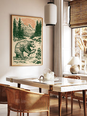Vintage style illustration of a bear catching a fish in a river with pine trees, mountains, and an orange sky. Bear wall art. - Image 3