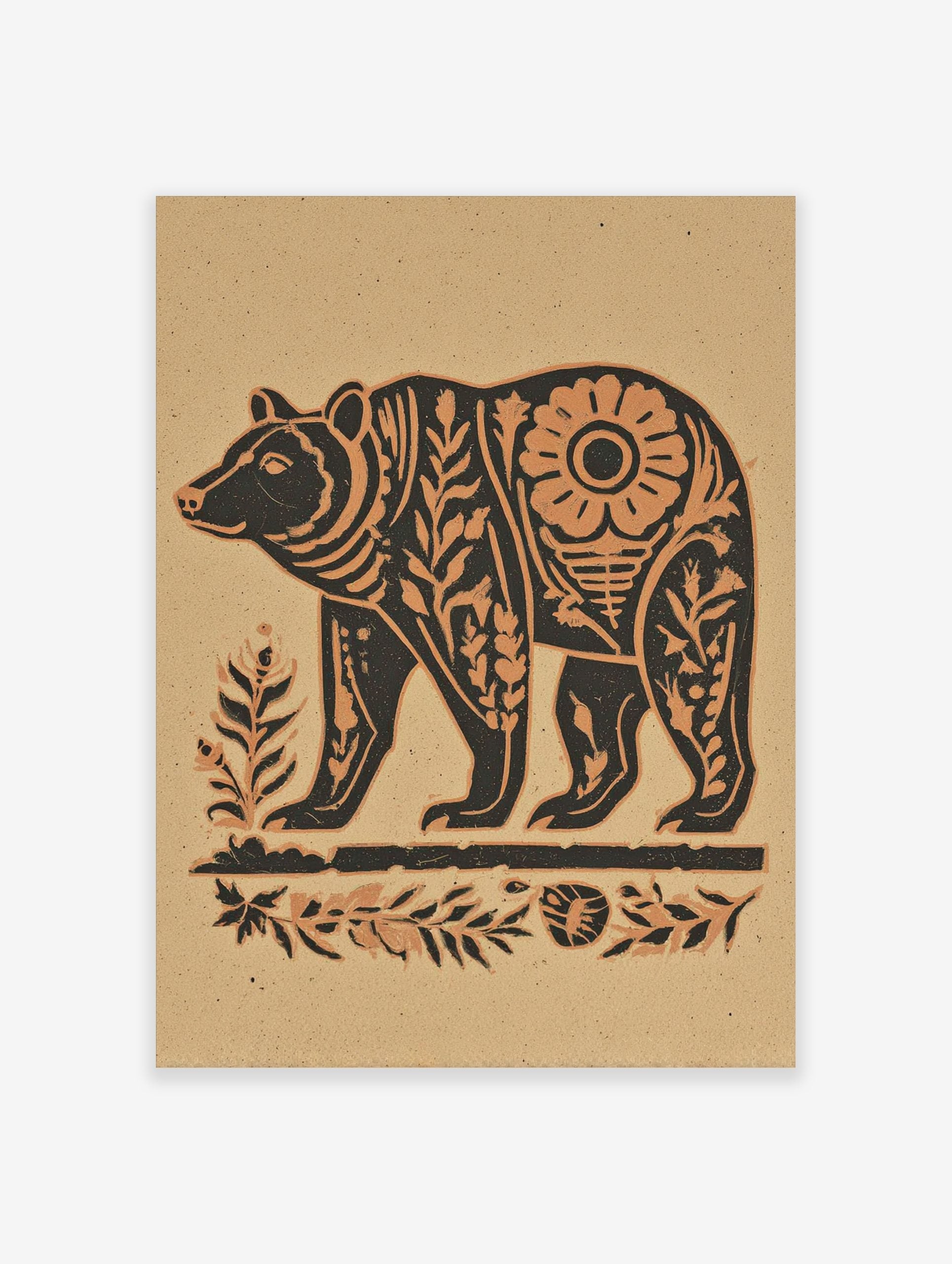 Stylised bear wall art print with botanical patterns in dark brown and beige on a sandy background
