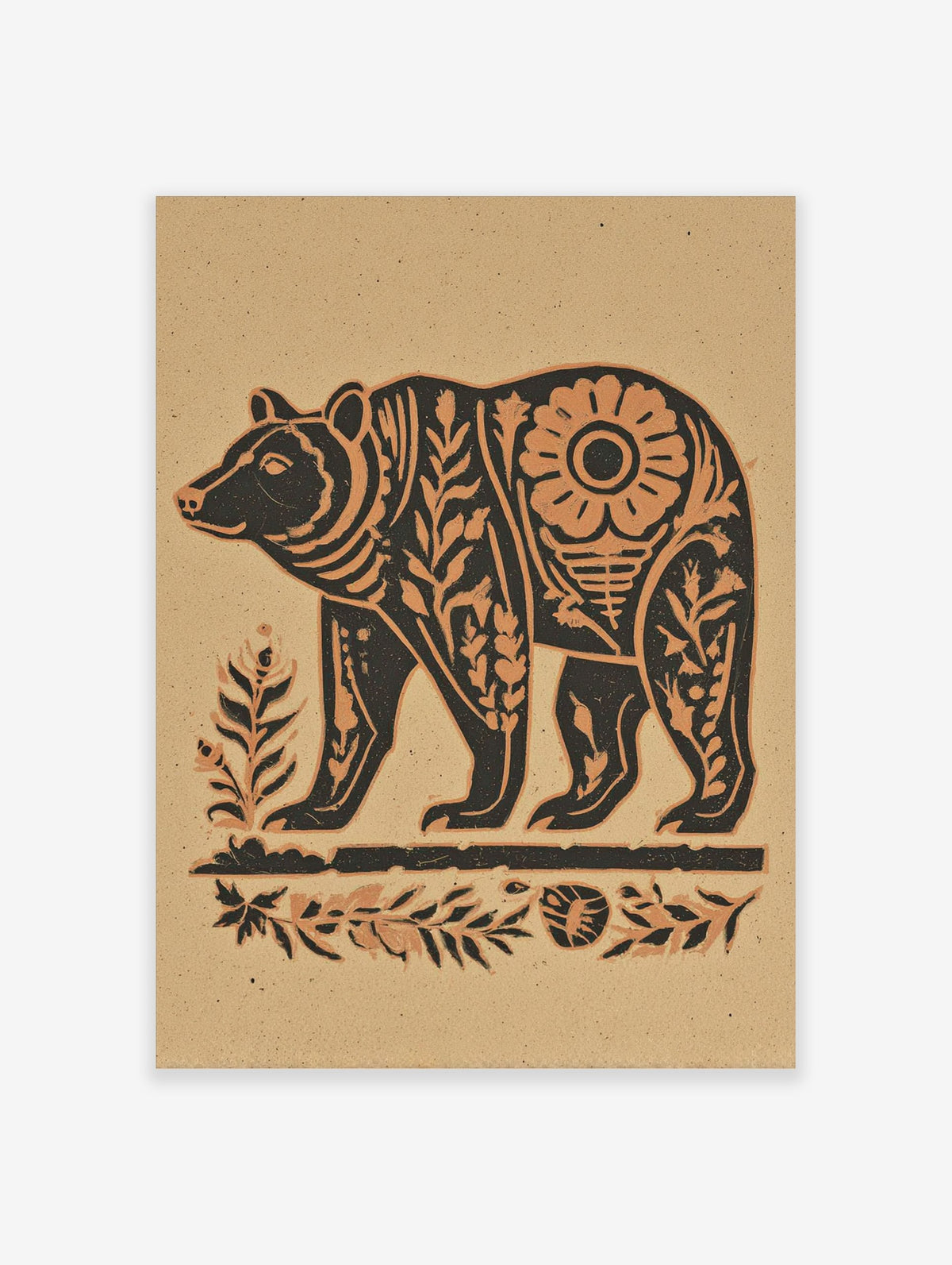 Stylised bear wall art print with botanical patterns in dark brown and beige on a sandy background