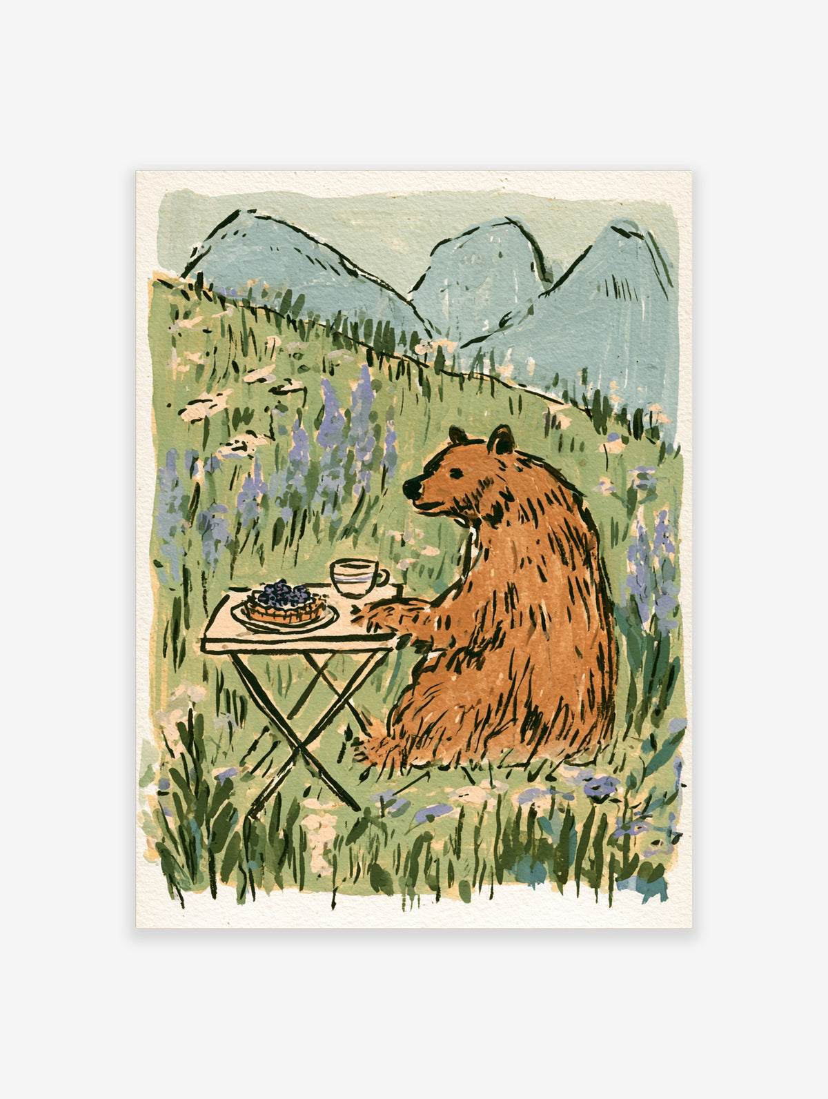 Illustrated brown bear beside a folding table with blueberry tart and coffee in a mountain meadow